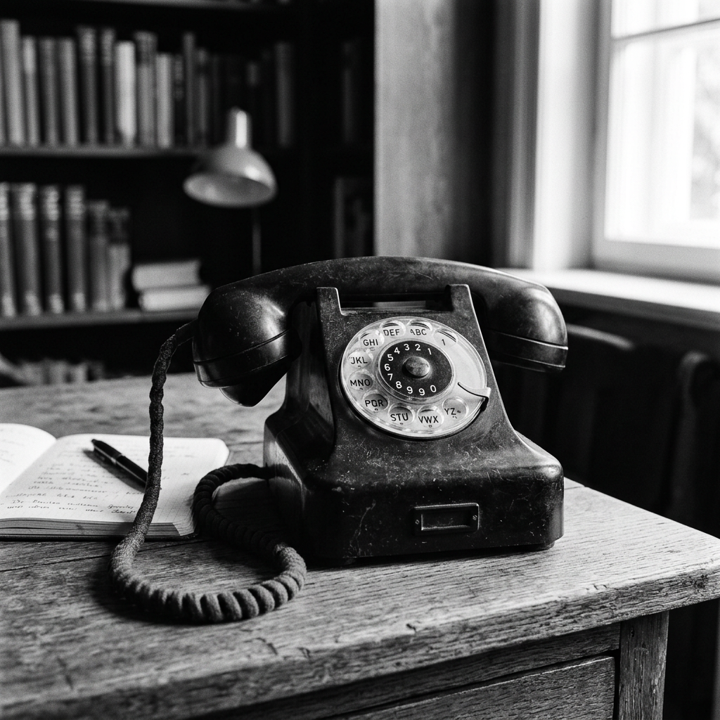 Black rotary dial telephone on wooden desk with notebook and pen